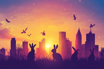 Fototapeta premium Silhouetted rabbits and birds at sunset over a city skyline