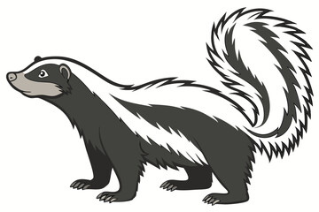 Striped skunk, standing upright, side profile, black and white fur, bushy tail, sharp snout, small ears, alert posture, detailed texture, white background, studio lighting, wildlife photography, reali