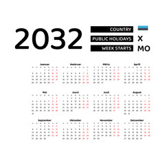 Calendar 2032 Estonian language with Estonia public holidays. Week starts from Monday. Graphic design vector illustration.