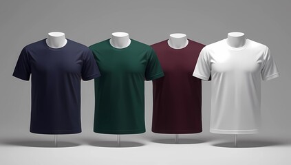 Photorealistic solid-color t-shirts (navy, burgundy, forest green, white), classic fit, soft cotton texture, no logos, set against a light gray background with soft studio lighting


