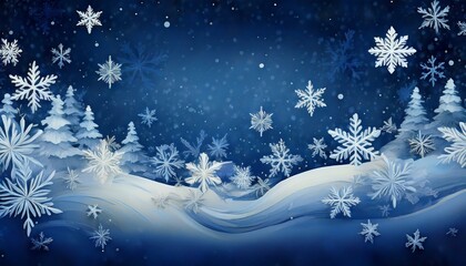 冬の真っ白な雪が積る紺色の雪の風景と雪の結晶の背景イラスト。aiで生成