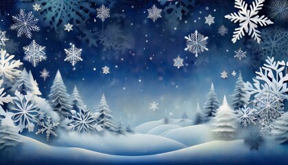 冬の真っ白な雪が積る紺色の雪の風景と雪の結晶の背景イラスト。aiで生成