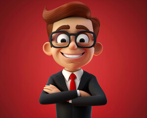 Smiling Cartoon Businessman in Suit and Glasses Illustration with Crossed Arms on Red Background for Professional Use Cases