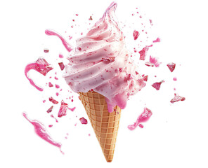 A flying ice cream cone with pink splashes and broken pieces