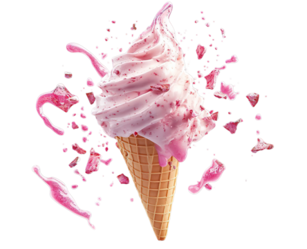 A flying ice cream cone with pink splashes and broken pieces