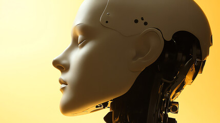 Golden robotic head profile in atmospheric lighting. Perfect for AI development visualization, technological innovation, and future of robotics concepts.