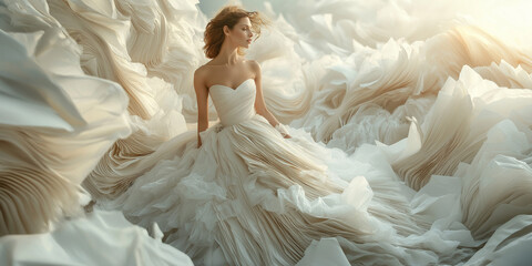 Elegant bride with flowing dress dreamy landscape fashion photography ethereal glow close-up view romantic concept for visual storytelling