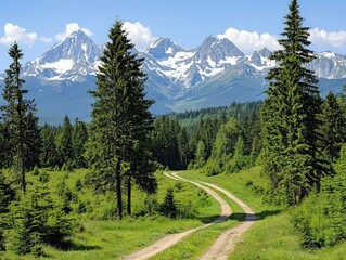 A serene landscape featuring a winding dirt path through lush greenery with majestic snow-capped mountains in the background under a clear blue sky.