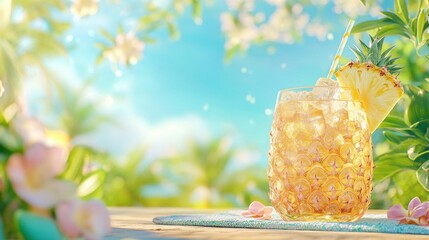 Tropical Paradise: A refreshing beverage, complete with a slice of pineapple, sits on a sun-drenched patio amidst the vibrant greenery, inviting you to indulge in a moment of pure bliss.