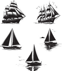 Set of Sailing Ships and Yachts Silhouette