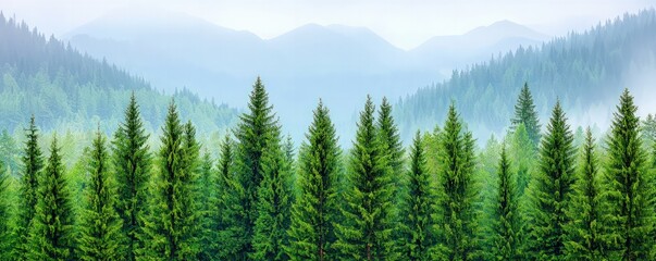 Fototapeta premium Lush green coniferous forest with misty mountains in the background, creating a serene and tranquil natural landscape.