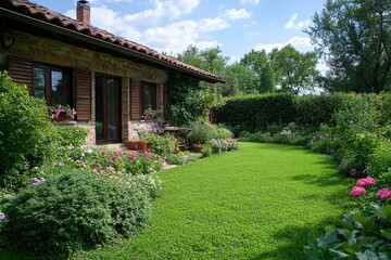 Spring garden with lush green lawn, vibrant bushes and colorful flowers blooming beautifully.