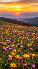 Obraz premium A picturesque landscape featuring a vibrant field of flowers under a stunning sunset, with mountains and a serene sky in the background.