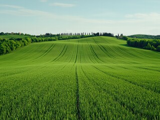 A lush green field stretches under a blue sky, with lined rows of crops and trees in the background, evoking a peaceful rural landscape.