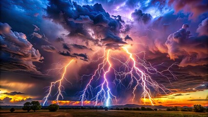 Panoramic Abstract Scientific Background: Moving Lightning Discharge, Electric Storm, Plasma Energy, Science Fiction