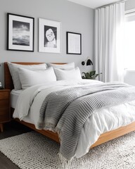 A tranquil bedroom with light gray tones, layered bedding, and a soft area rug
