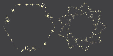Magic star arch. Stars arch, star compositions graphic art. Shiny elements, starry and dots silhouettes. Comets and abstract constellations, retro celestial vector set