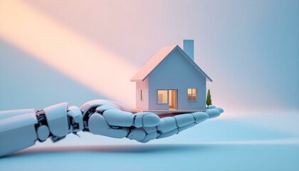 A robot hand gently holds a miniature house, symbolizing the smart home concept against a soft blue background