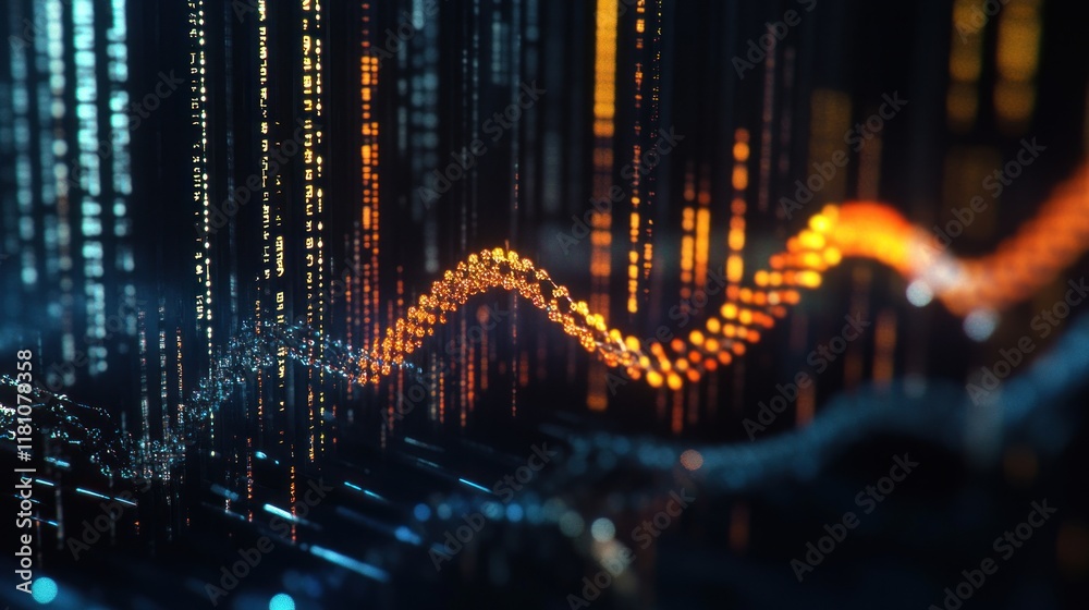 Poster abstract digital data flow visualization: glowing orange and blue particles wave pattern in dark bac