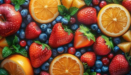 Assortment of healthy raw fruits and berries platter background.