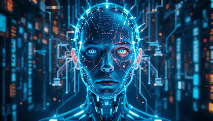 A highly detailed digital illustration depicting an artificial intelligence female face glowing with circuits, capturing futuristic themes and high-tech advancements.