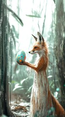 Obraz premium Curious fox exploring a colorful Easter egg in a serene forest clearing during soft, gentle lighting
