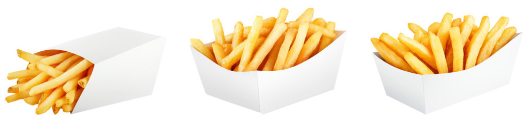 High-Quality PNG french fries in white cardboard boxes on white background
