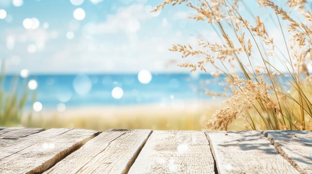 Summer Beach Table: A rustic wooden table sits in the foreground, offering a perfect display space against the blurred backdrop of a serene summer beach.