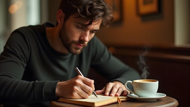 Handsome young man with beard writing in notebook at cozy coffee shop