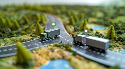 Digital visualization of smart logistics and fleet management with trucks and gps navigation markers