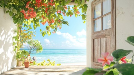 Ocean View Through Doorway: A picturesque ocean view is framed by an open wooden door, adorned with vibrant bougainvillea and tropical flowers.