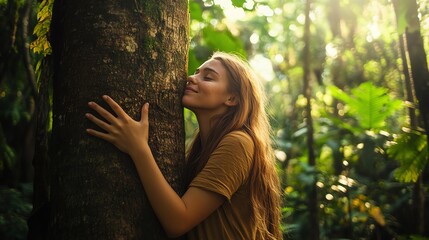 A loving embrace between a young woman and a tree in a lush forest, symbolizing the urgent need to protect nature and combat climate change and deforestation
