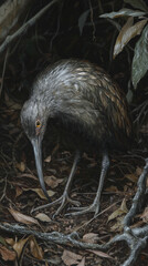 Obraz premium kiwi bird forages in dark forest, showcasing its unique nocturnal features