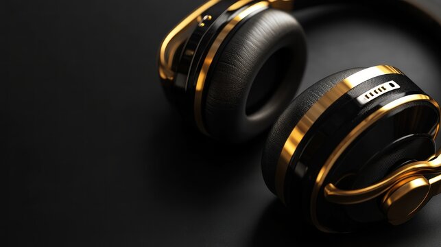 Black and gold headphones on dark background.