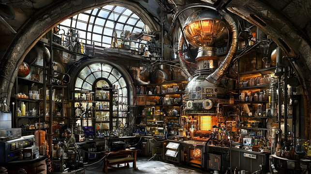 Alchemist's steampunk laboratory interior, gothic architecture, daylight, alchemy equipment, fantasy setting.