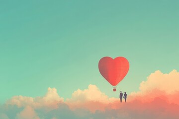 Obraz premium Romantic Hot Air Balloon in the Shape of a Heart with Silhouetted Couple Against a Soft Gradient Sky Background for Valentine’s Day Celebrations and Symbolizing Love