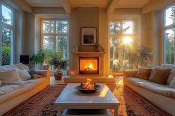 wide-angle view of beautifully furnished living room interior with a cozy fireplace in a new luxury...