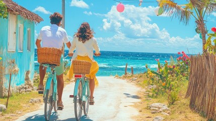 Cycling Towards Paradise: A romantic couple embarks on a scenic cycling adventure along a picturesque coastal road, immersed in the sunny bliss of a tropical getaway.