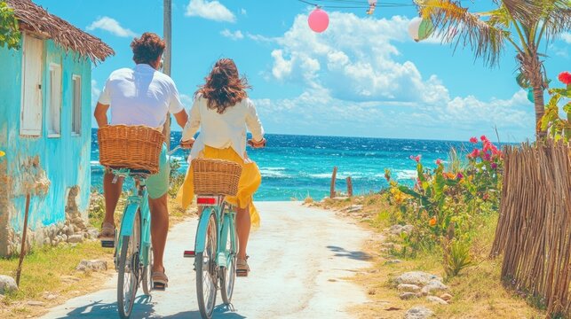 Cycling Towards Paradise: A romantic couple embarks on a scenic cycling adventure along a picturesque coastal road, immersed in the sunny bliss of a tropical getaway. - Powered by Adobe
