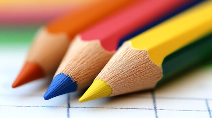 Colorful pencils lined up on paper. Ideal for creativity and artistic expression concepts.