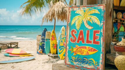 Surf Shop Sale on Tropical Beach: A colorful "SALE" sign stands invitingly outside a beachside surf shop, with surfboards lined up against a quaint building, palm tree.