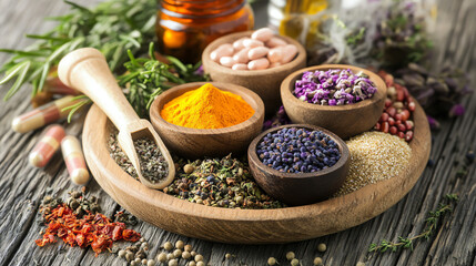 Colorful spices and herbs collection. Perfect for natural ingredients and cooking concept visualization.
