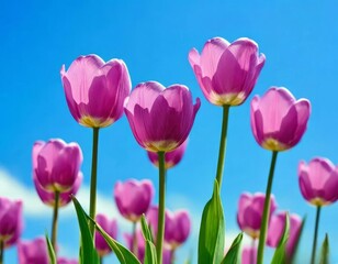 Obraz premium tulips with rich green leaves and a warm abstract blue background