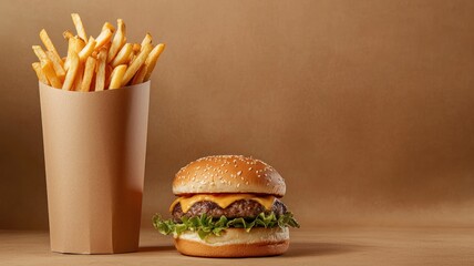 Realistic burger and fries packaging mockup studio setting high fidelity professional photography product showcase