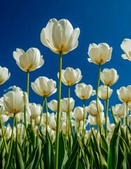 tulips with rich green leaves and a warm abstract blue background