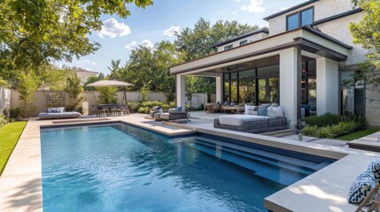 Fototapeta premium Modern luxury home with pool, patio, and lush landscaping.