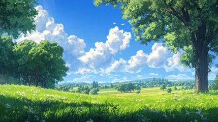 Obraz premium Sunny meadow landscape with lush green grass, wildflowers, and large trees under a bright blue sky with fluffy clouds.
