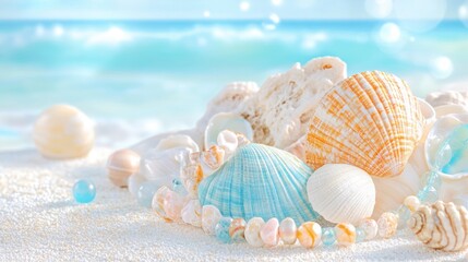 Shells on Sandy Shoreline: Capturing the serene beauty of the sea, this image showcases a collection of shells, gently arranged on a sandy shoreline, reflecting the tranquility of the ocean's embrace.