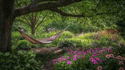Serene hammock nestled in a vibrant, blossoming garden under a sprawling tree.