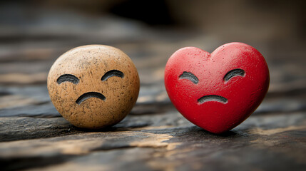 Sad stone heart and circle on wood. Perfect for relationship difficulties and emotional pain concepts.